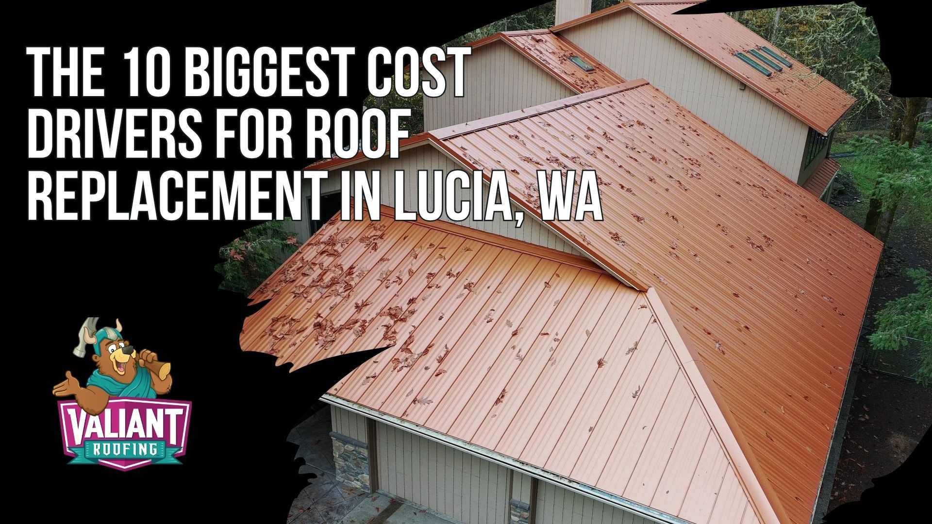 The 10 Biggest Cost Drivers Behind Roof Replacement Pricing in Lucia, WA
A breakdown of the ten factors that move roof replacement pricing in Lucia, WA, presented as the Lucia 10-Point Bid Breakdown alongside a cost adder table. It covers roof size in squares, material choice with asphalt architectural shingles at $5.50 to $9.50 per square foot and standing seam metal at $14.50 to $23.50 or more, roof pitch above 8:12, tear-off layers, decking at $85 to $125 per sheet, penetrations, ventilation, permits, and seasonal demand. The adder table rates pitch, complexity, waste factor, decking repair, and flashing detail from medium to high impact for PNW rainfall zones. Valiant Roofing serves Lucia from 108 SE 124th Ave Suite 8, Vancouver, WA 98684, details at https://www.valiantroofing.com/locations/vancouver-wa