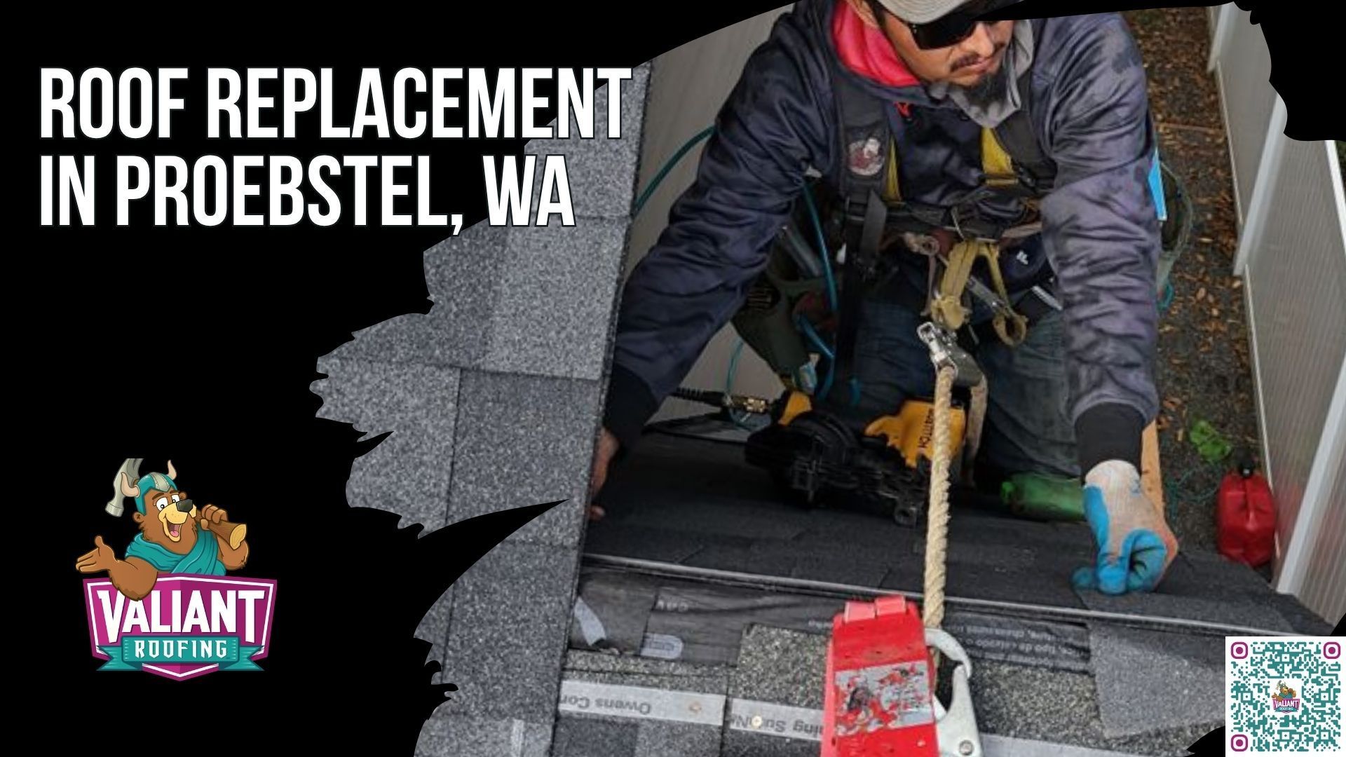 Roof replacement in Proebstel, WA is the full tear-off and re-install of your roof system, covering shingles, underlayment, flashings, vents, and any rotted decking, by a licensed Washington contractor. Curling shingles after the last Gorge east-wind event and gutters full of granules are the signs the roof is giving you. Within 48 hours Valiant Roofing walks the roof, photographs every penetration, emails the photo file before leaving, and delivers a free, accurate written estimate. Your deductible stays yours, and the permit gets pulled through the Clark County Permit Center. Call 360-740-7017 for same-week scheduling. Valiant Roofing, 108 SE 124th Ave Suite 8, Vancouver, WA 98684, https://www.valiantroofing.com/locations/vancouver-wa