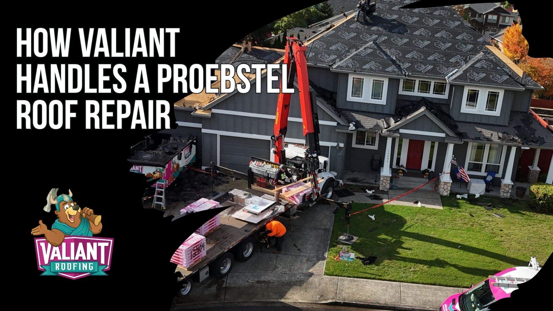 Valiant Roofing follows a seven-step roof repair process in Proebstel, WA, beginning with a direct call to 360-740-7017 and an inspection within 48 hours, or same-day for active leaks. The section covers drone and attic photo documentation, moisture meter readings, written scopes, line-item pricing, and clear recommendations before work begins. Valiant’s team handles damaged material removal, decking repair, waterproofing, roofing component installation, permitting when required, magnetic cleanup, and same-day debris removal. A separate post-repair inspection provides fresh photo documentation that the completed repair is holding properly. Address: 108 SE 124th Ave Suite 8, Vancouver, WA 98684. URL: [https://www.valiantroofing.com/locations/vancouver-wa](https://www.valiantroofing.com/locations/vancouver-wa)
