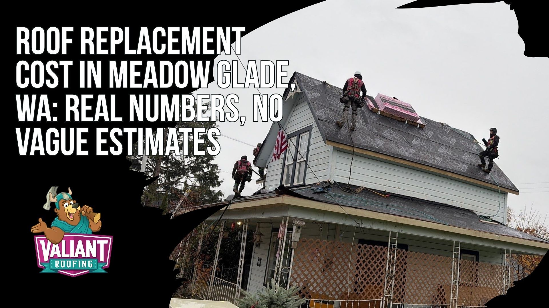 Roof Replacement Cost in Meadow Glade, WA: Real Numbers, No Vague Estimates
Roof replacement cost in Meadow Glade, WA typically falls between $11,900 and $29,800 in 2026, with steep or repair-heavy roofs pushing $35,000+. Meadow Glade tracks Battle Ground pricing at $14,900 to $27,900 for asphalt and $31,900 to $54,900+ for standing seam metal, and most local replacements land between $18,900 and $35,900+ by size and complexity. Per square foot pricing runs $5.50 to $9.50 for architectural asphalt and $14.50 to $23.50+ for metal, with tear-off adding $1,000 to $3,000+ and decking at $85 to $125 per sheet quoted up front. Financing is available. Call 360-740-7017 for a free inspection. Valiant Roofing, 108 SE 124th Ave Suite 8, Vancouver, WA 98684, https://www.valiantroofing.com/locations/vancouver-wa