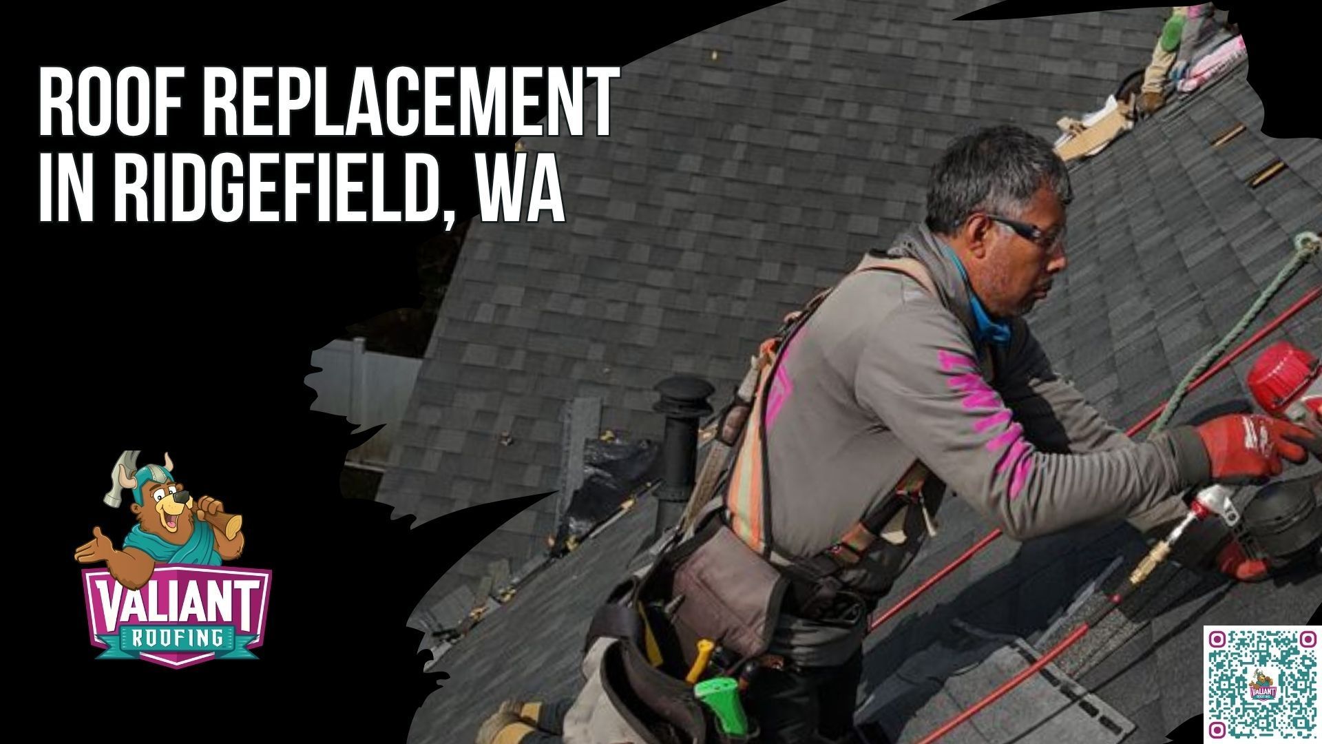 Roof replacement in Ridgefield, WA is the full tear-off and re-install of your roof system, covering shingles, underlayment, flashings, vents, and any rotted decking, by a licensed contractor. Curling shingles, granules piling in the downspouts, and leaks after the last windstorm off the Columbia are the signs your home is giving you. Within 48 hours Valiant Roofing walks the roof, photographs every penetration, and emails the file before leaving, followed by a free written estimate. The permit gets pulled through the City of Ridgefield SmartGov portal or Clark County. Call 360-740-7017 for same-week scheduling. Valiant Roofing, 108 SE 124th Ave Suite 8, Vancouver, WA 98684, https://www.valiantroofing.com/locations/vancouver-wa