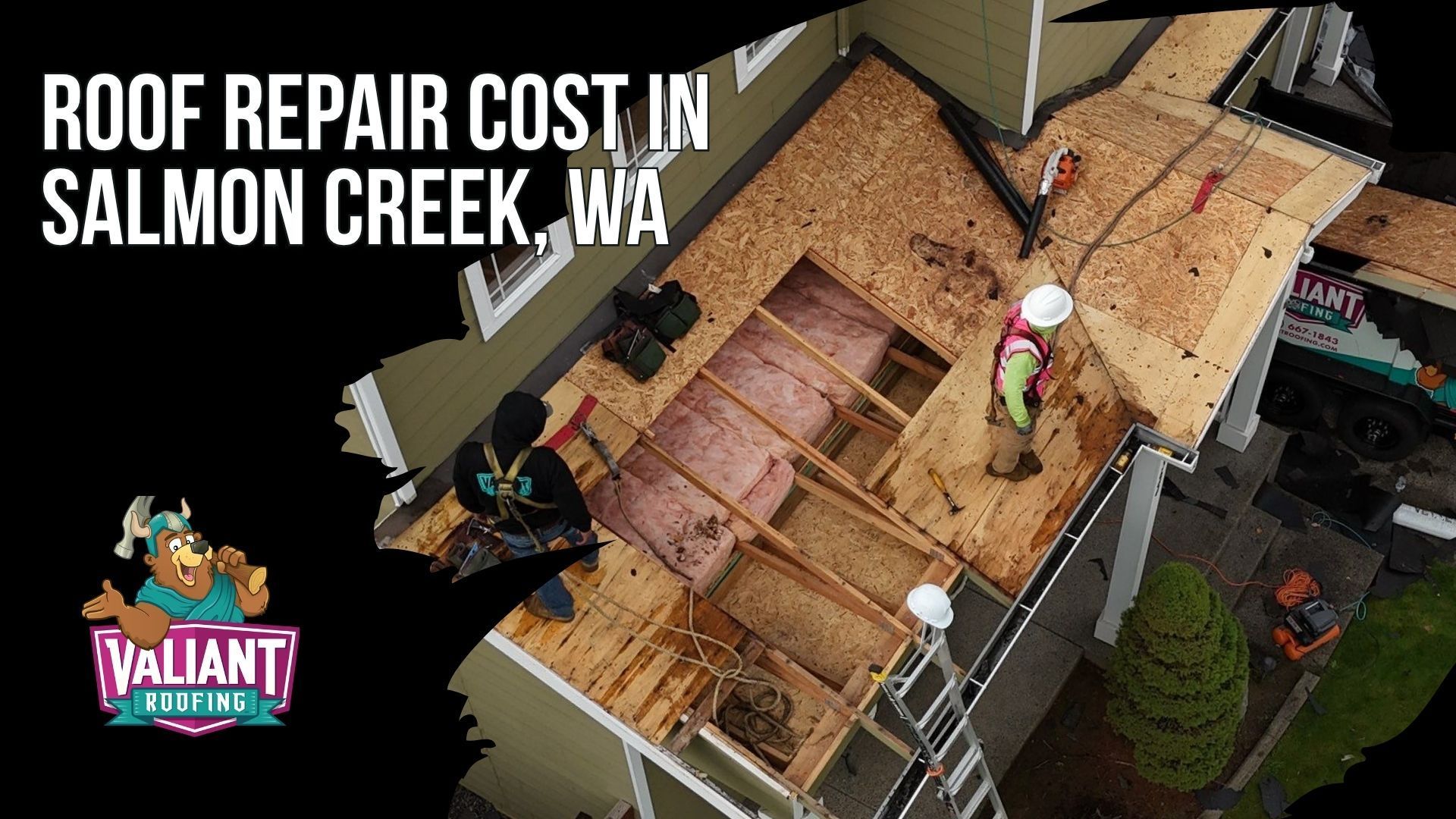 Roof Repair Cost in Salmon Creek, WA. Pricing tables break down Valiant's published 2026 figures for Clark County homes: an average full roof of $12,000 to $25,000+, asphalt at $4.35 to $11.00 per square foot, standing seam metal from $20,000 to $40,000+, tear-off and disposal at $1,000 to $3,000+, and structural decking at $85 to $125 per sheet when rot is found. Salmon Creek asphalt replacement runs $15,900 to $27,900 and standing seam metal $31,900 to $52,900+, with per-square rates from $550 to $2,350+. A repair-or-replace guide follows: repair under 15 years, replace past 20, and skip any repair quote above 30 percent of replacement. 108 SE 124th Ave Suite 8, Vancouver, WA 98684 https://www.valiantroofing.com/locations/vancouver-wa