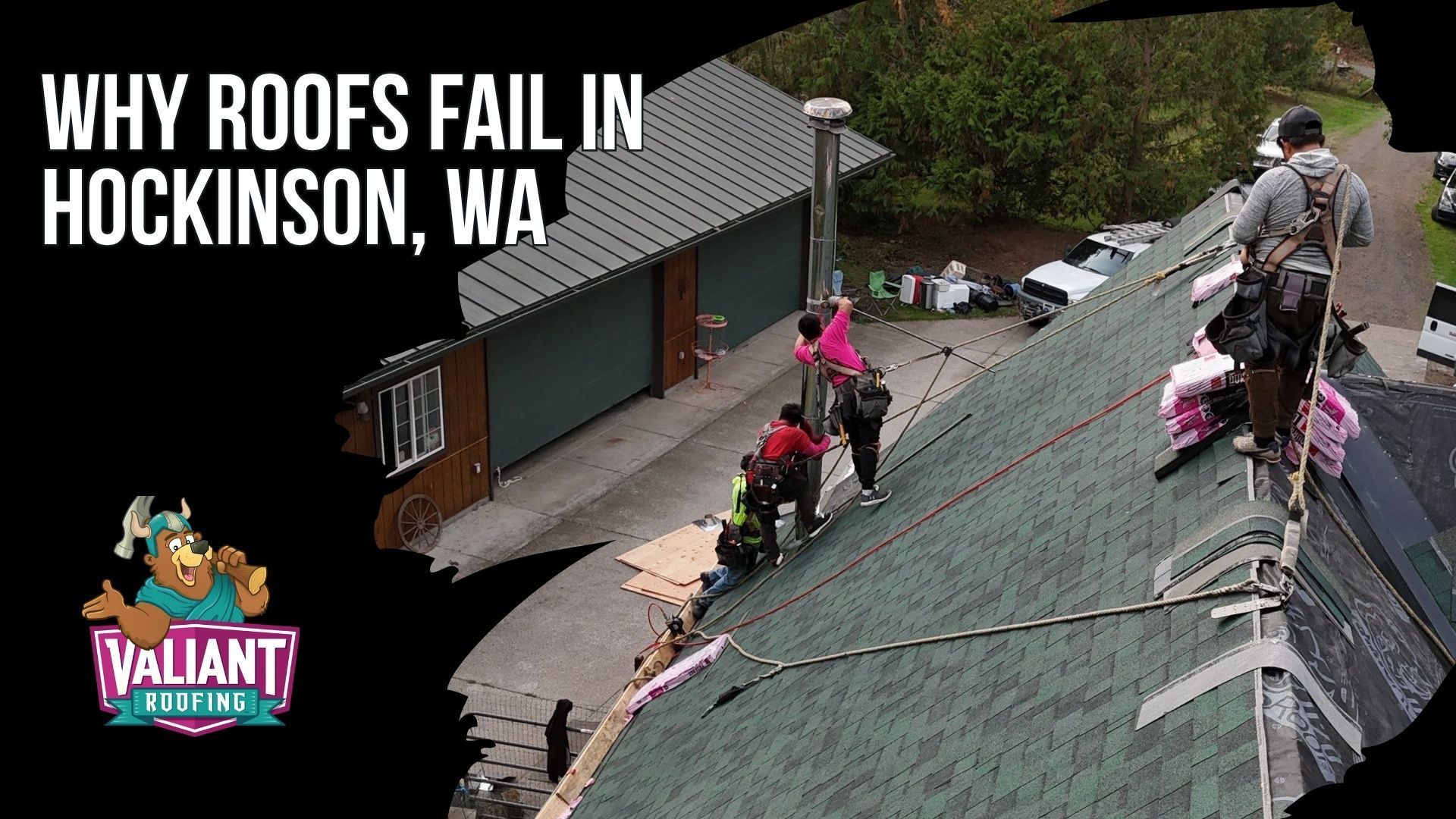  Why Roofs Fail in Hockinson, WA
Hockinson roofs in northeast Clark County face 42-48 inches of annual rain, 180+ wet days, winter freeze-thaw cycles, 40-60 mph wind gusts, and Douglas fir and bigleaf maple debris. Common failures include dried pipe boot collars, moss-packed valleys, lifted step flashing, missing ridge caps, and flashing problems around chimneys and vents. Moss and algae hold moisture against shingles, lift edges, strip granules, and can shorten roof life. Valiant Roofing uses brush cleaning, non-corrosive soap, zinc strips, and proper pipe boot replacement rather than pressure washing or caulk-only fixes. Address: 108 SE 124th Ave Suite 8, Vancouver, WA 98684. URL: [https://www.valiantroofing.com/locations/vancouver-wa](https://www.valiantroofing.com/locations/vancouver-wa)

