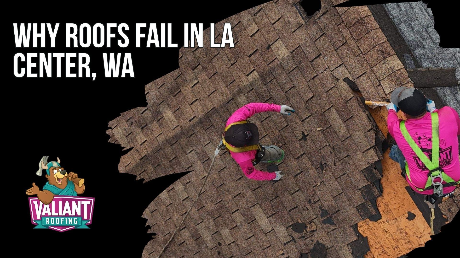 Why Roofs Fail in La Center, WA
La Center roofs face 45-50 inches of annual rain, 180+ wet days, winter freeze-thaw cycles, 40-60 mph wind gusts, and heavy tree cover from Douglas firs, cedars, and bigleaf maples. Common problems include dried pipe boot collars, moss- and needle-packed valleys, lifted step flashing, missing ridge caps, granule loss, hidden attic leaks, water stains, and mold growth. Valiant Roofing addresses moss with brush cleaning, non-corrosive soap, and zinc strips, and repairs pipe boot failures by replacing the boot and reweaving surrounding shingles into the water channel. Address: 108 SE 124th Ave Suite 8, Vancouver, WA 98684. URL: [https://www.valiantroofing.com/locations/vancouver-wa](https://www.valiantroofing.com/locations/vancouver-wa)
