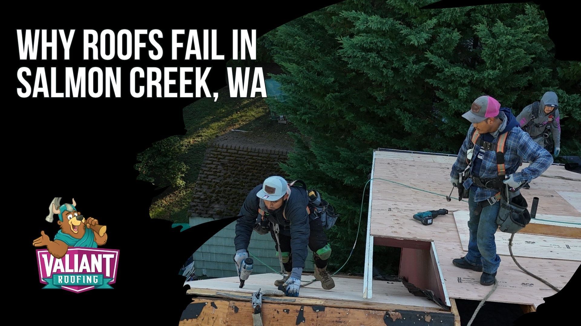 Salmon Creek roofs commonly fail at penetrations, valleys, and eaves because of heavy Pacific Northwest rainfall, prevailing wind, persistent moisture, moss, algae, and storm damage. This section explains problems such as failed pipe boots, loose step flashing, skylight sealant breakdown, valley flashing corrosion, wind-lifted or missing shingles, cracked shingles, granule loss, and builder-grade flashing issues near Whipple Creek. It also explains how moisture can lead to mold, wood rot, damaged insulation, and structural decay, and why regular inspections after heavy rain or storms help catch small leaks early. Address: 108 SE 124th Ave Suite 8, Vancouver, WA 98684. URL: [https://www.valiantroofing.com/locations/vancouver-wa](https://www.valiantroofing.com/locations/vancouver-wa)
