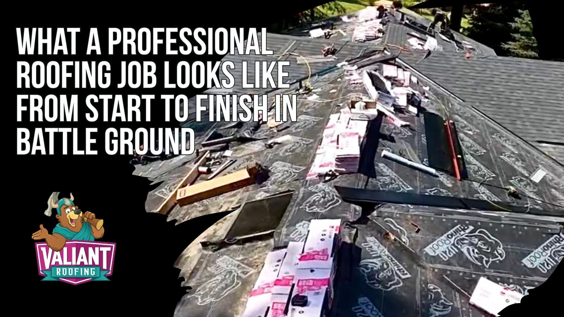 What a Professional Roofing Job Looks Like From Start to Finish in Battle Ground — A visual timeline or workflow graphic showing the four key stages of a professional roofing project: sales estimate with attic inspection, pre-production material ordering and Clark County permitting, build day production with dedicated crews following manufacturer specifications, and post-job aftercare with final walkthrough. This section walks Battle Ground homeowners through what to expect when hiring established roofing contractors, including written itemized estimates, Owens Corning or CertainTeed materials, daily cleanup with magnetic nail sweeps, and warranty documentation. Valiant Roofing, 108 SE 124th Ave STE 8, Vancouver, WA 98684 — https://www.valiantroofing.com/locations/vancouver-wa.
