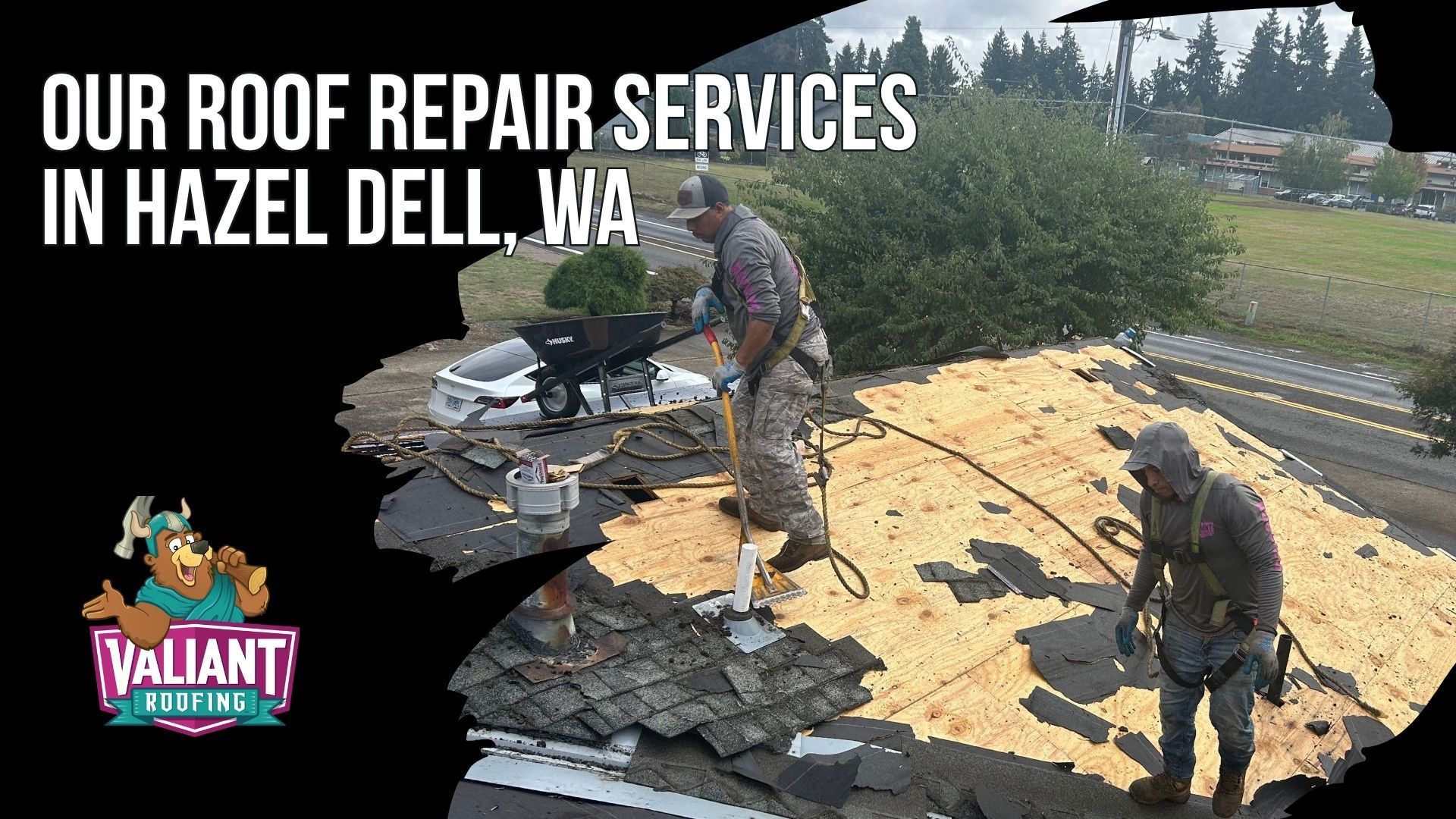  Our Roof Repair Services in Hazel Dell, WA
Valiant Roofing provides residential and commercial roof repair throughout Hazel Dell, WA, beginning with a free on-site inspection, CompanyCam photos, and a written line-item estimate. Services include 24/7 emergency leak response, attic and moisture tracing, asphalt shingle, metal, tile, synthetic, cedar shake alternative, and low-slope roof repair, plus flashing, skylight, vent, decking, gutter, moss, and shingle work. The team also handles commercial roofing, gutter replacement and installation, and scheduled permanent repairs after emergency tarping. Address: 108 SE 124th Ave Suite 8, Vancouver, WA 98684. URL: [https://www.valiantroofing.com/locations/vancouver-wa](https://www.valiantroofing.com/locations/vancouver-wa)
