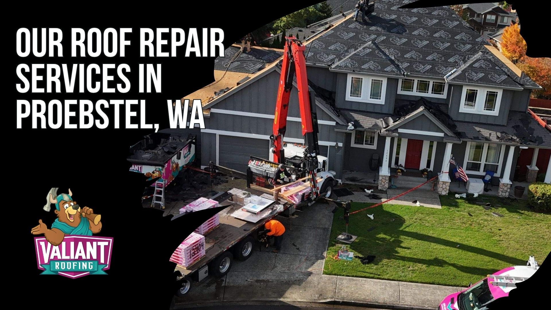 Valiant Roofing provides roof repair services in Proebstel, WA, including 24/7 emergency stabilization, roof leak diagnosis, wind and storm damage repair, flashing repair, pipe boot replacement, decking replacement, metal roof repair, asphalt shingle repair, and gutter installation. This section also covers inspections of the full roofing system, including ventilation, gutters, damaged shingles, and clogged drainage areas. Moisture meters and photo documentation help trace leaks to their actual source, while repair recommendations consider whether targeted work can extend roof life or whether new shingles or metal roofing are the better option. Address: 108 SE 124th Ave Suite 8, Vancouver, WA 98684. URL: [https://www.valiantroofing.com/locations/vancouver-wa](https://www.valiantroofing.com/locations/vancouver-wa)
