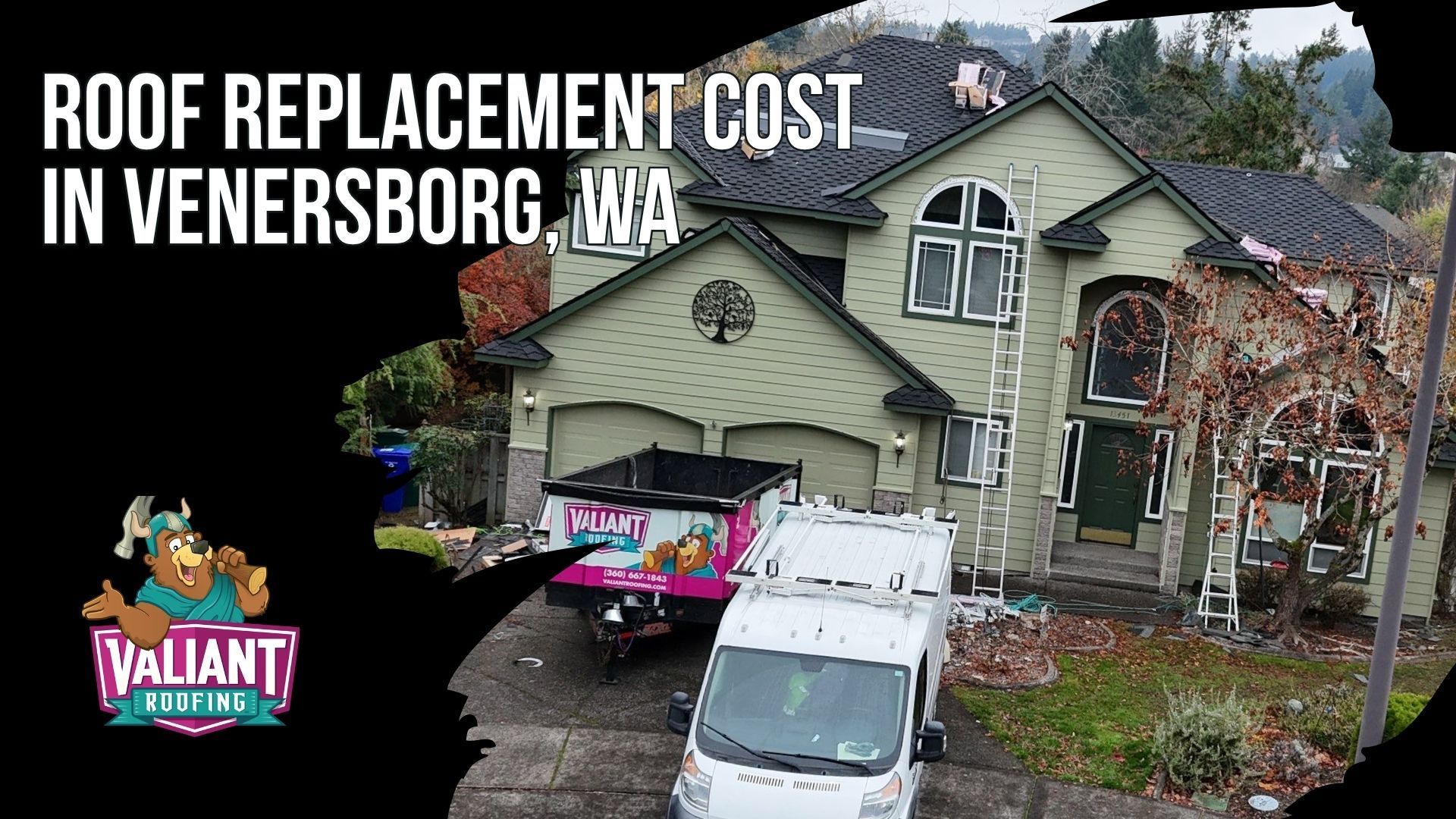 Roof replacement cost in Venersborg, WA lands between $11,900 and $29,800 for most homes per Valiant's 2026 cost calculator, with steep or repair-heavy roofs pushing $35,000+ and installation averaging $14,400 to $17,000. Asphalt shingles run $4.35 to $11.00 per square foot, putting a 2,000 sq ft roof at $8,700 to $22,000, while metal reaches $20,000 to $38,000 and tile or slate exceeds $60,000. Costs run above the national average because of the wet climate, stricter codes, and premium moisture-control materials, and Venersborg's mixed cedar-era and 2000s housing stock favors architectural asphalt and standing seam metal. Valiant Roofing, 108 SE 124th Ave Suite 8, Vancouver, WA 98684, https://www.valiantroofing.com/locations/vancouver-wa