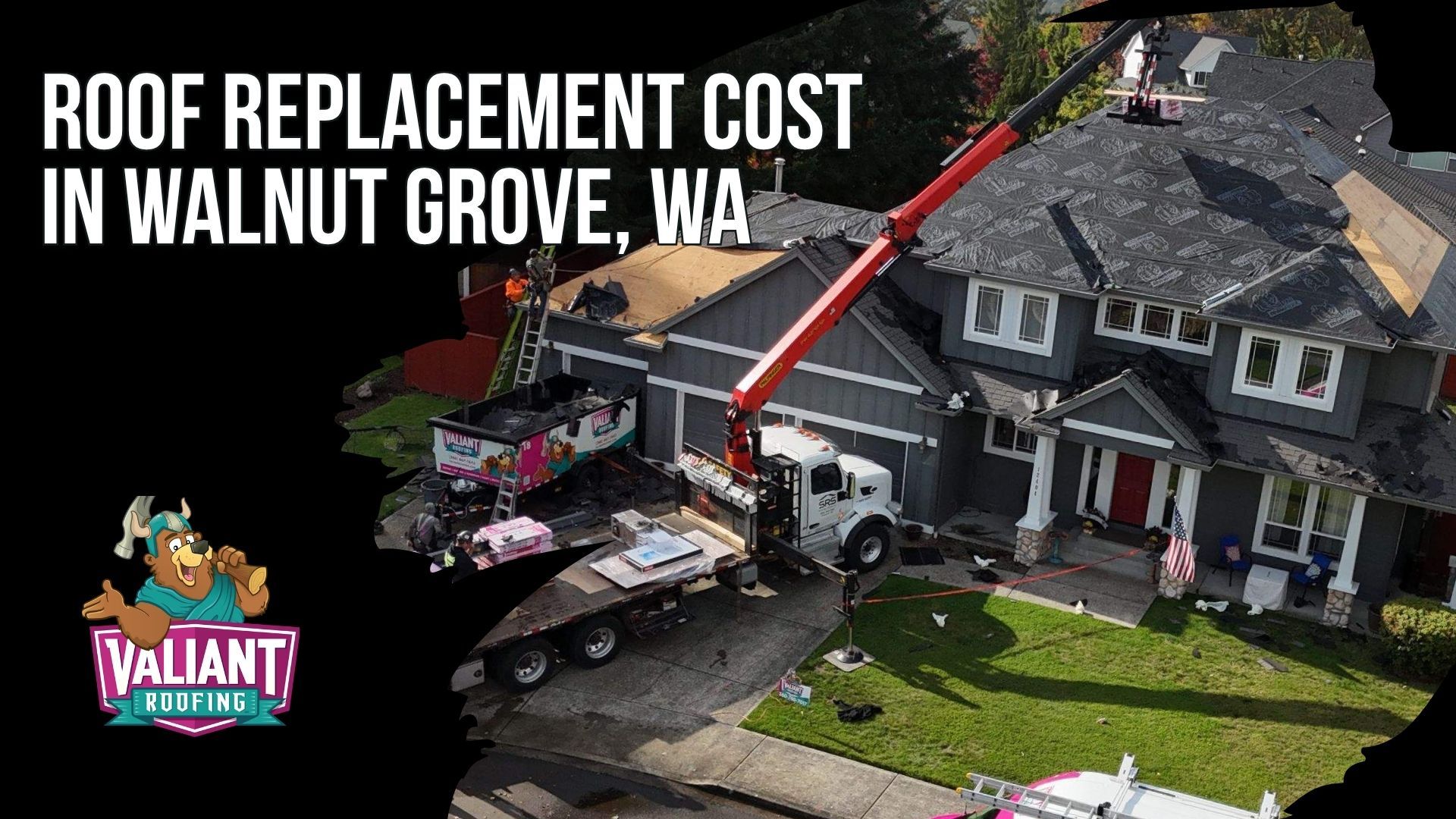 Roof replacement cost in Walnut Grove, WA lands between $11,900 and $29,800 for most homes per Valiant's 2026 cost calculator, with steep or repair-heavy roofs pushing $35,000+ and installs averaging $14,400 to $17,000. Asphalt runs $4.35 to $11.00 per square foot, putting a 2,000 sq ft roof at $8,700 to $22,000, while metal reaches $20,000 to $38,000 and tile or slate exceeds $60,000. Tear-off adds $1,000 to $3,000+ and decking is billed at $85 to $125 per sheet only if rot is found. Walnut Grove's 1987 median build year and $520,000 median home value push the local mix toward architectural asphalt and standing seam metal. Valiant Roofing, 108 SE 124th Ave Suite 8, Vancouver, WA 98684, https://www.valiantroofing.com/locations/vancouver-wa