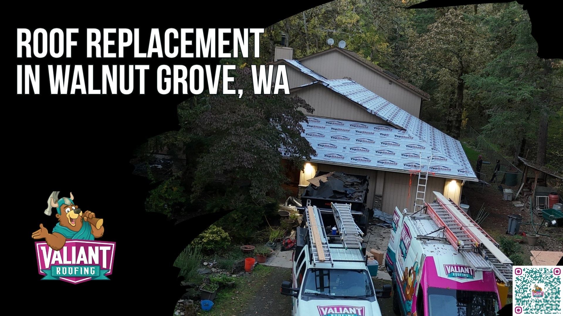 Roof replacement in Walnut Grove, WA involves removing the old roofing, repairing the deck, installing underlayment and flashing, and finishing with new material engineered for the 42 inches of annual rain, 164 wet days, moss load, and Columbia corridor wind that define Clark County. Curling shingles, granules in every gutter cleanout, or a never re-roofed home built around 1987, the median local construction year, are the signs to act. Within 48 hours Valiant Roofing walks every slope, photographs every penetration, and delivers a written no-obligation estimate, pulling the permit through Clark County. Call 360-740-7017. Valiant Roofing, 108 SE 124th Ave Suite 8, Vancouver, WA 98684, https://www.valiantroofing.com/locations/vancouver-wa