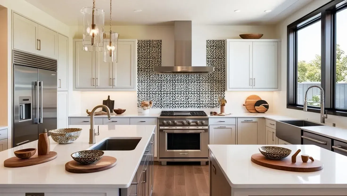 Modern kitchen with white cabinets, stainless steel appliances, and island with sink.
