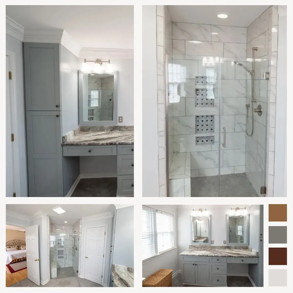 Bathroom remodel featuring gray cabinets, marble countertops, and a glass shower.