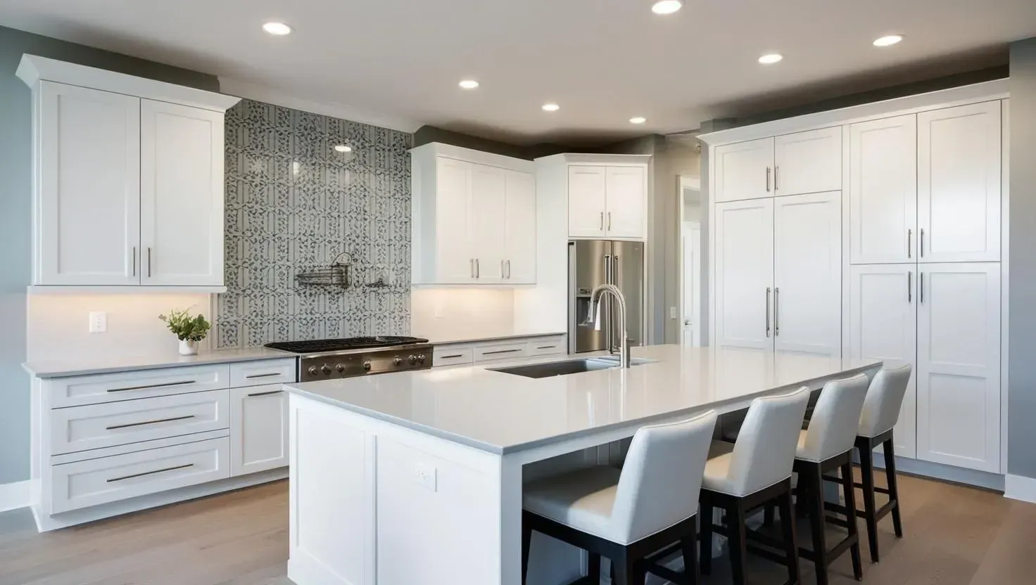 White kitchen with island and bar stools, stainless steel appliances, and a tiled backsplash.