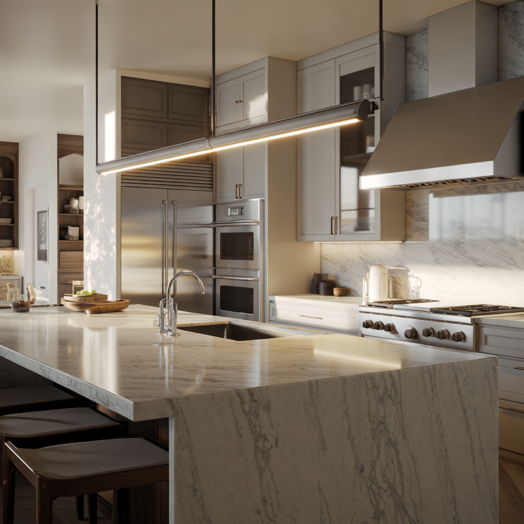 Modern kitchen with marble countertops, stainless steel appliances, and overhead lighting.