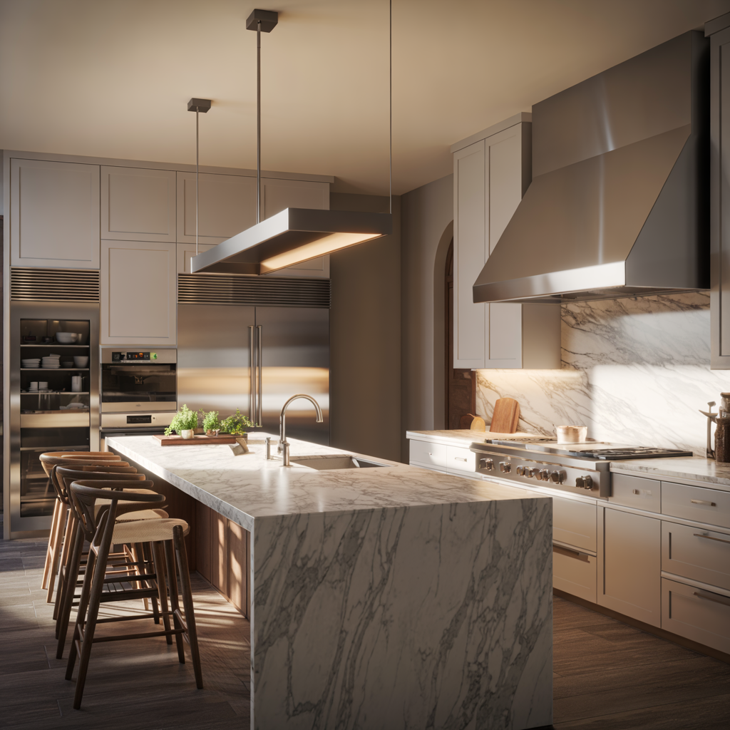 Modern kitchen with marble island, stainless steel appliances, and wood bar stools.