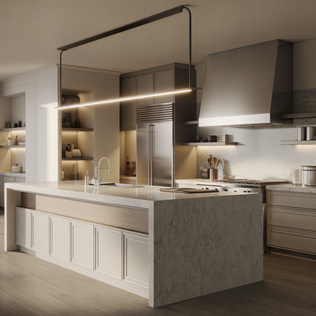 Modern kitchen with an island, cabinets, and a stainless steel refrigerator. Overhead lighting.