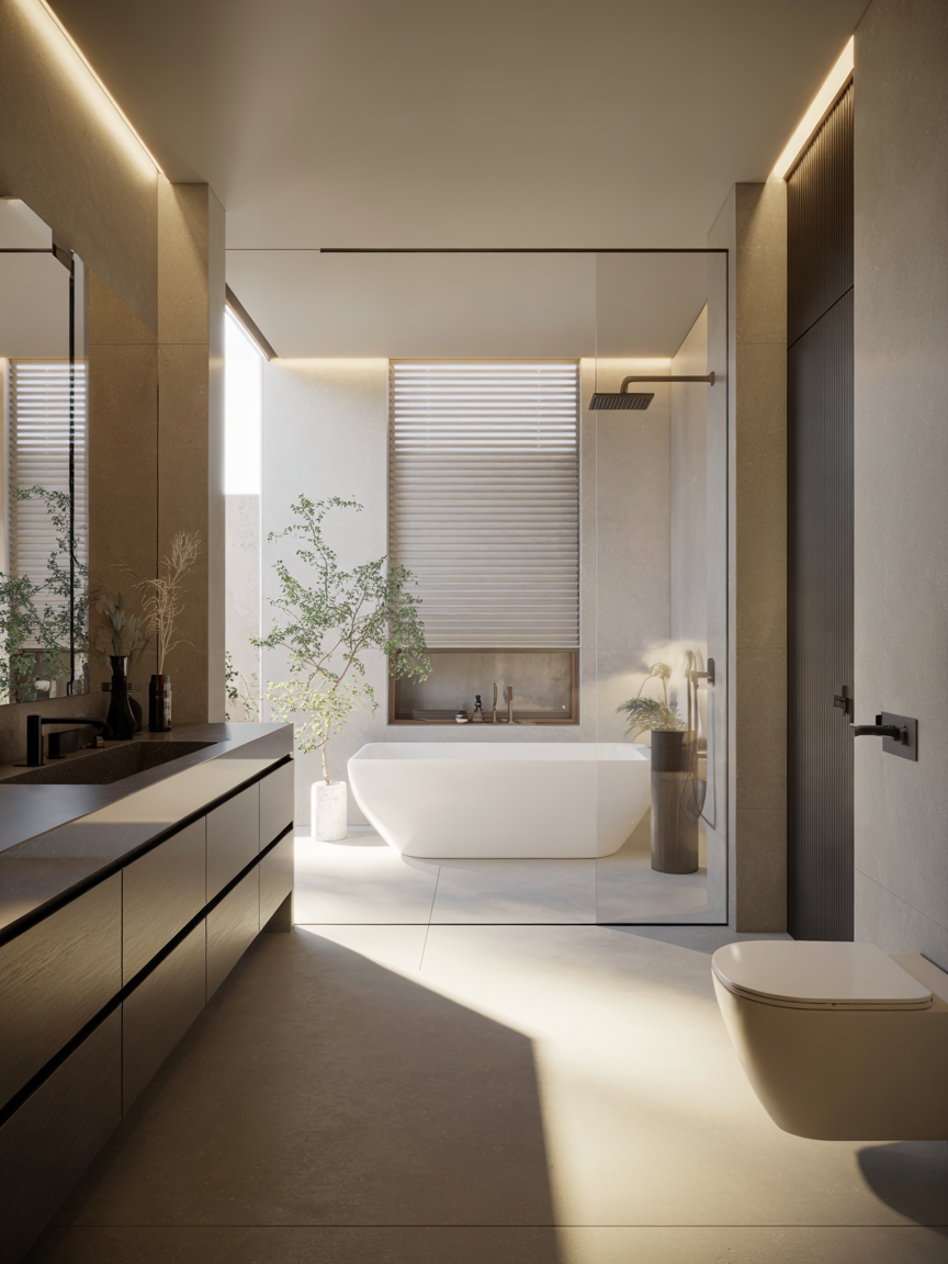 Minimalist bathroom with freestanding tub, floating dark wood vanity, and wall-mounted toilet