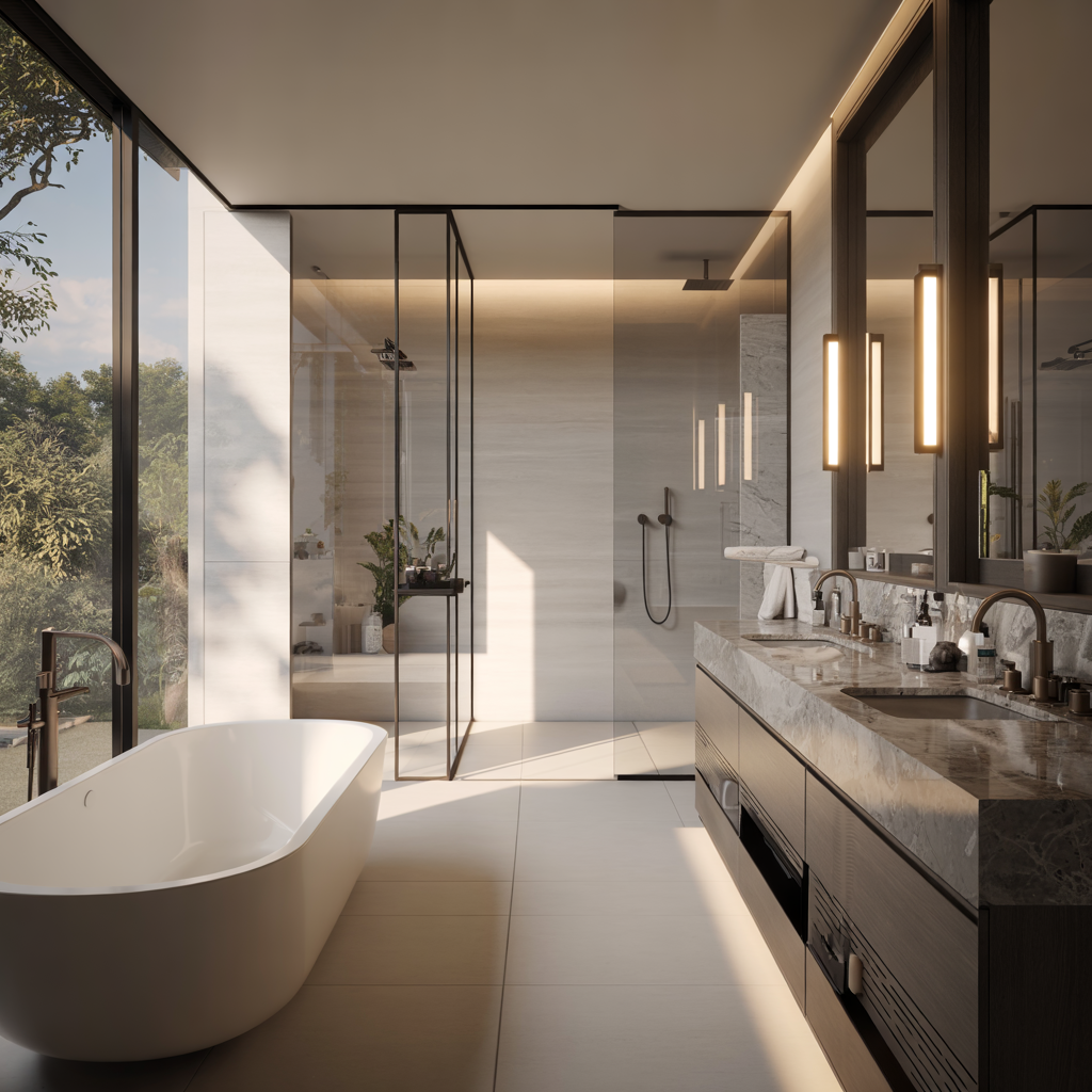 Modern bathroom with a bathtub, shower, double vanity, and large window overlooking trees.
