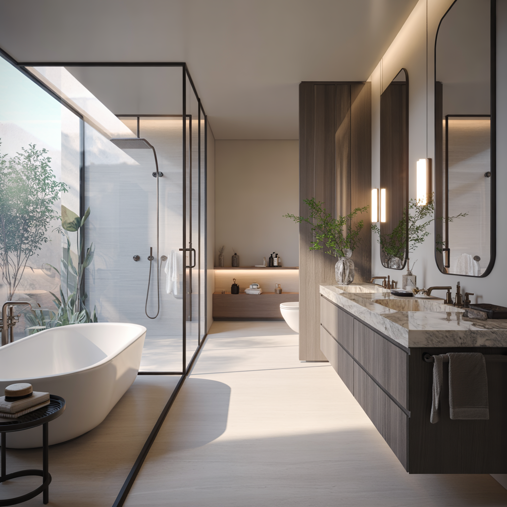 Spa-style master bathroom with freestanding tub, glass walk-in shower, and double vanity