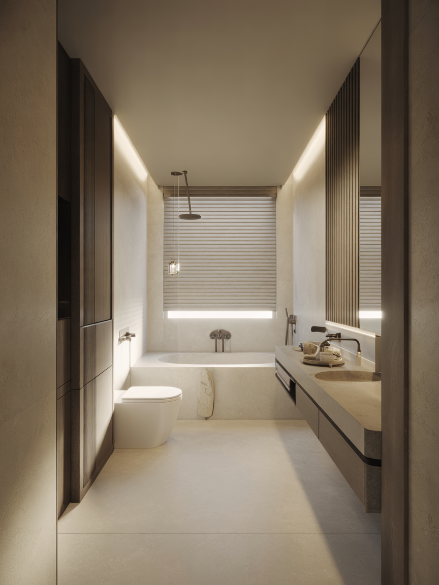 Modern bathroom with soaking tub, rainfall shower, floating vanity, and wall-mounted toilet