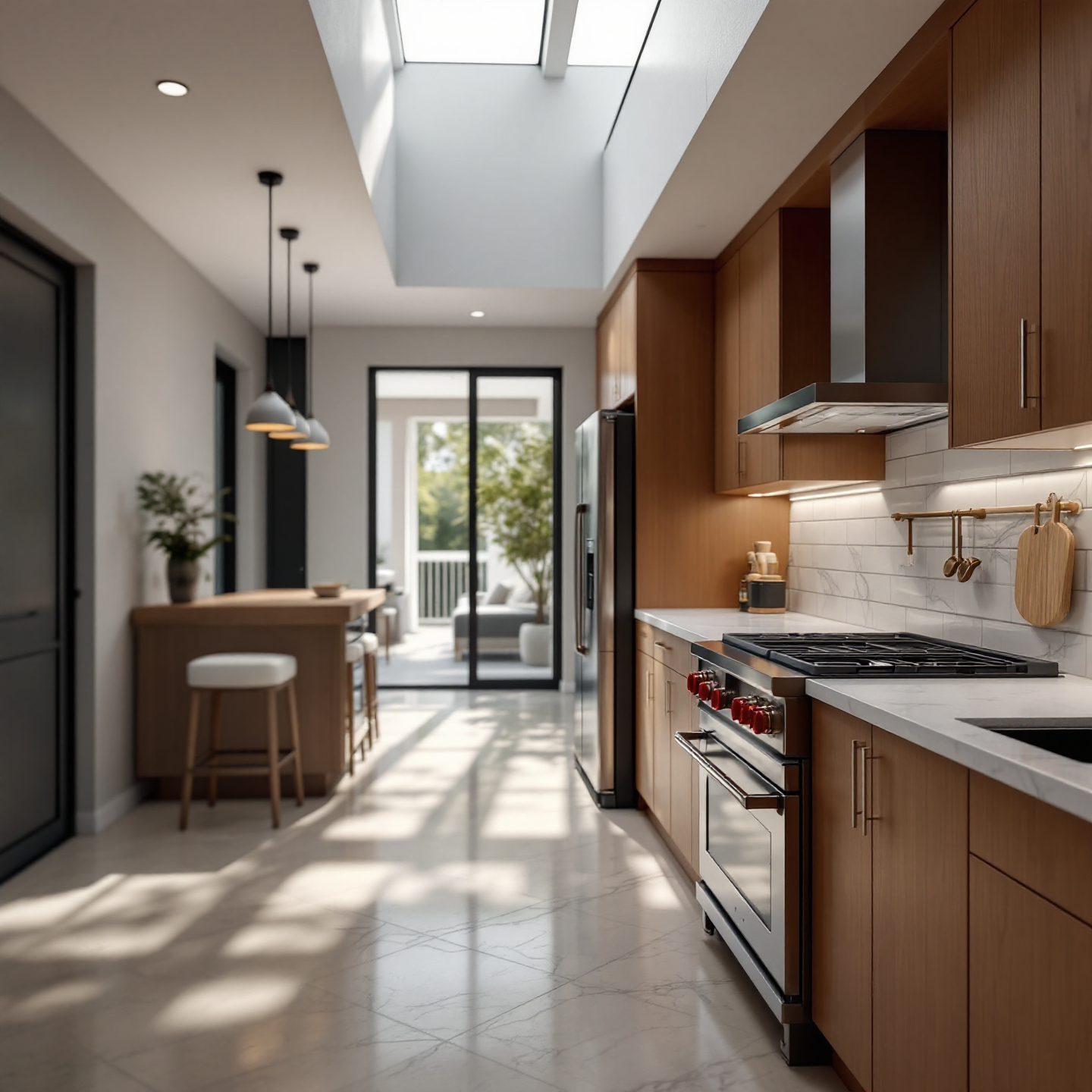 Modern kitchen with skylight, wooden cabinets, stainless steel appliances, and a breakfast bar.