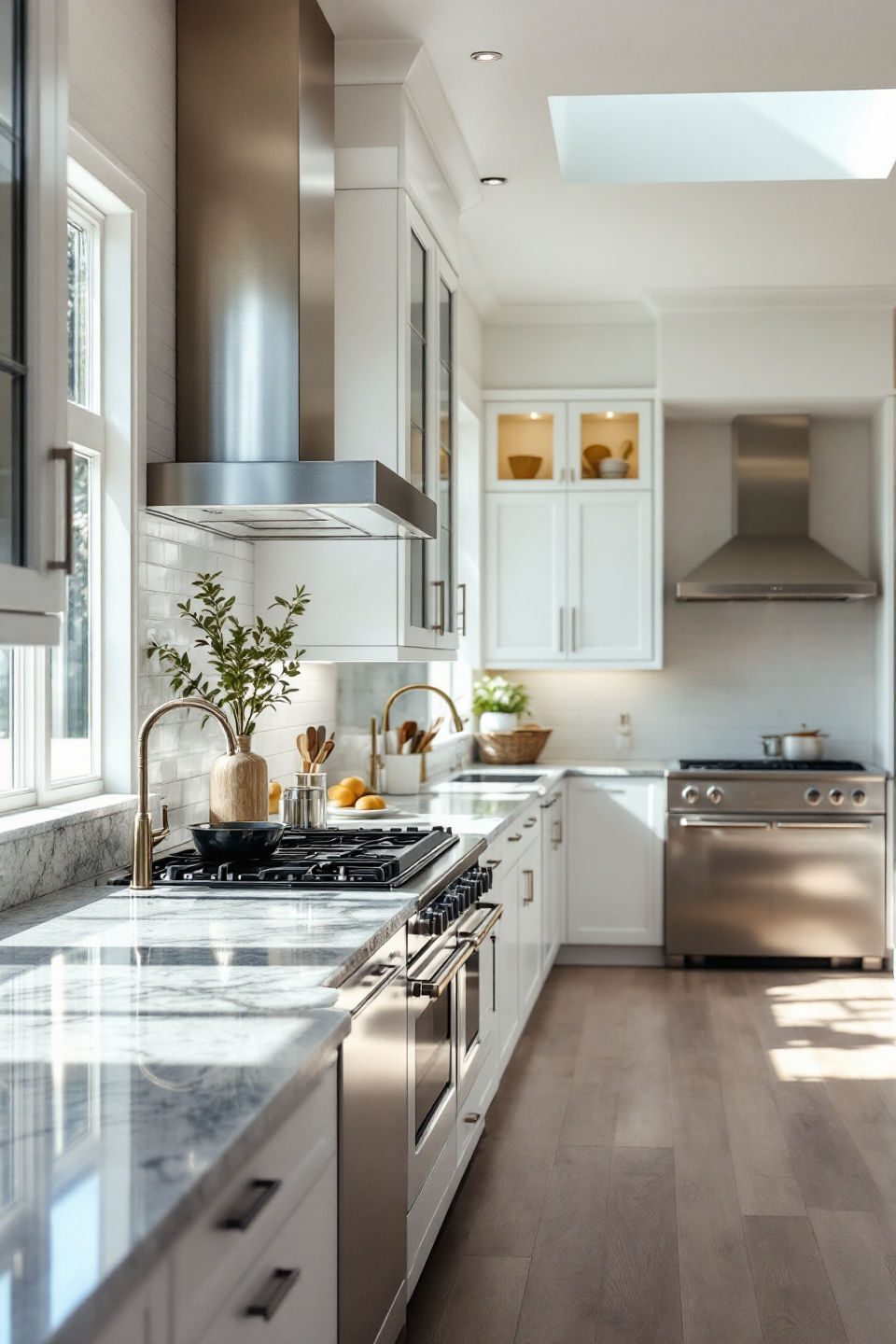 Bright, white kitchen with stainless steel appliances, marble countertops, and light wood floors.
