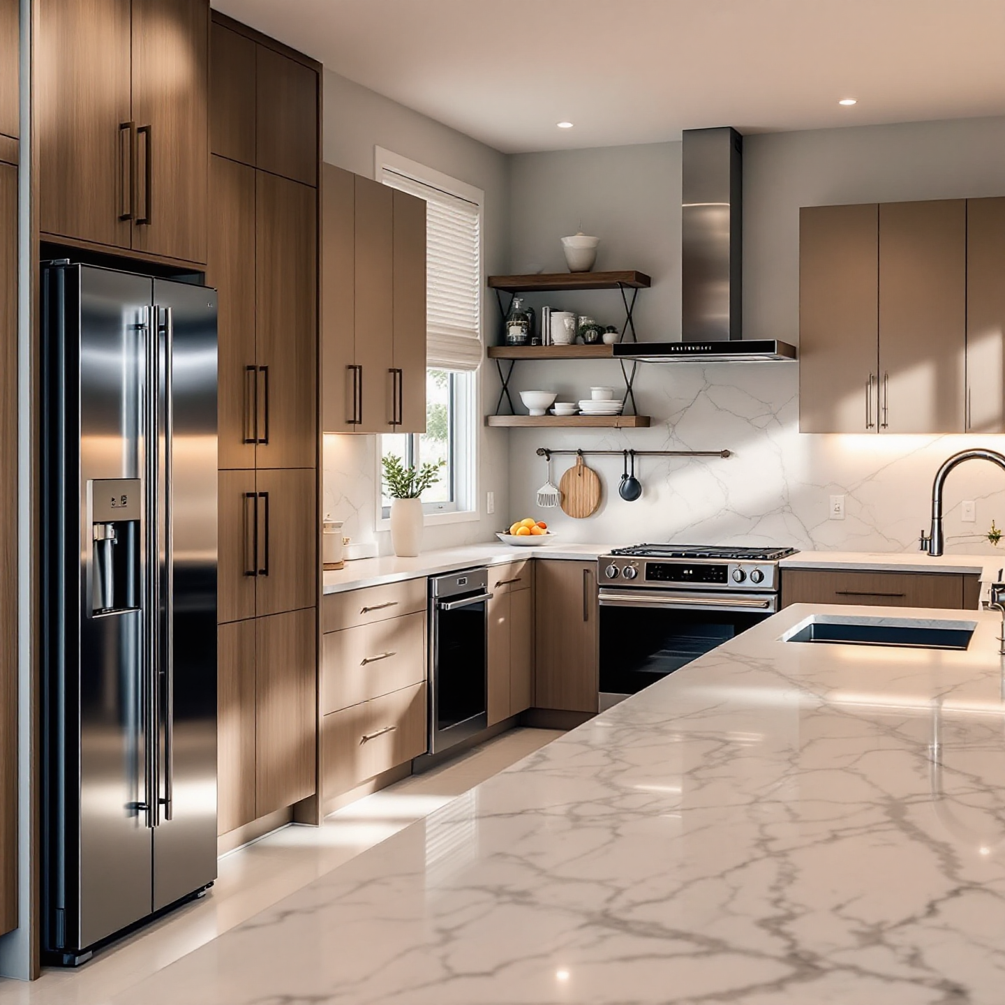 Modern kitchen with stainless steel appliances, marble countertops, and wooden cabinetry.