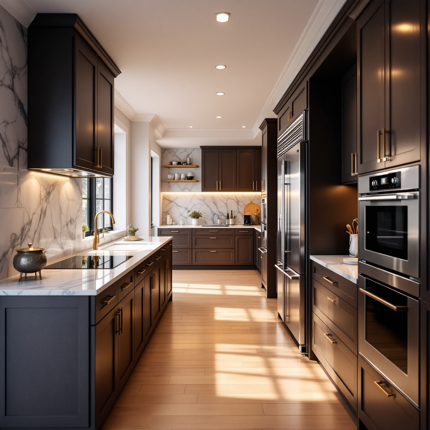 Dark kitchen with marble countertops, wood cabinets, and stainless steel appliances.