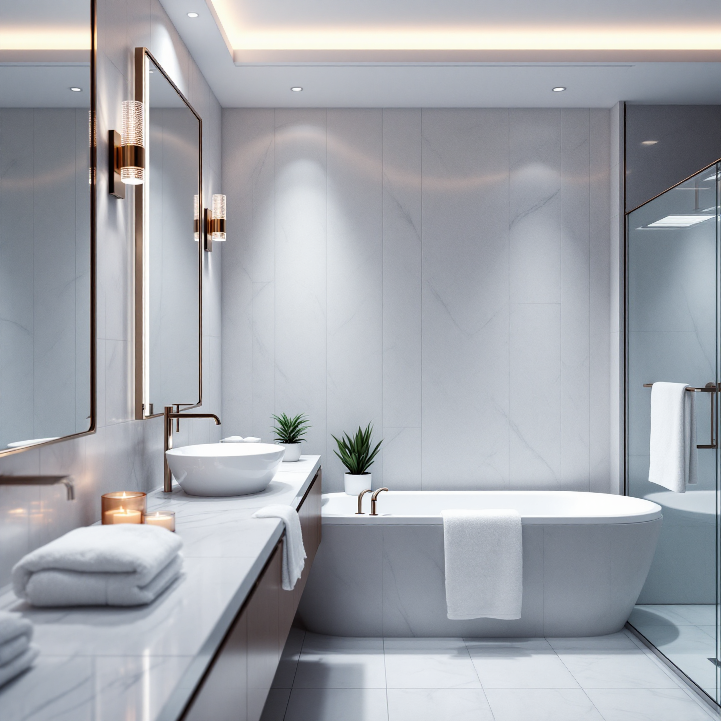 Modern, white bathroom with a soaking tub, glass shower, double vanity, and marble tile.