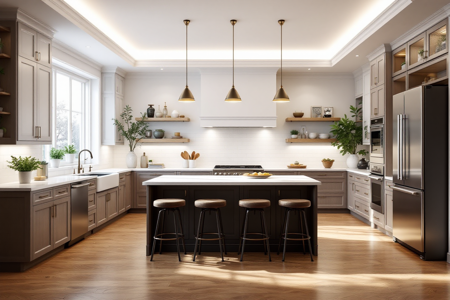 Modern kitchen with island, pendant lights, stainless steel appliances, and wooden floors.