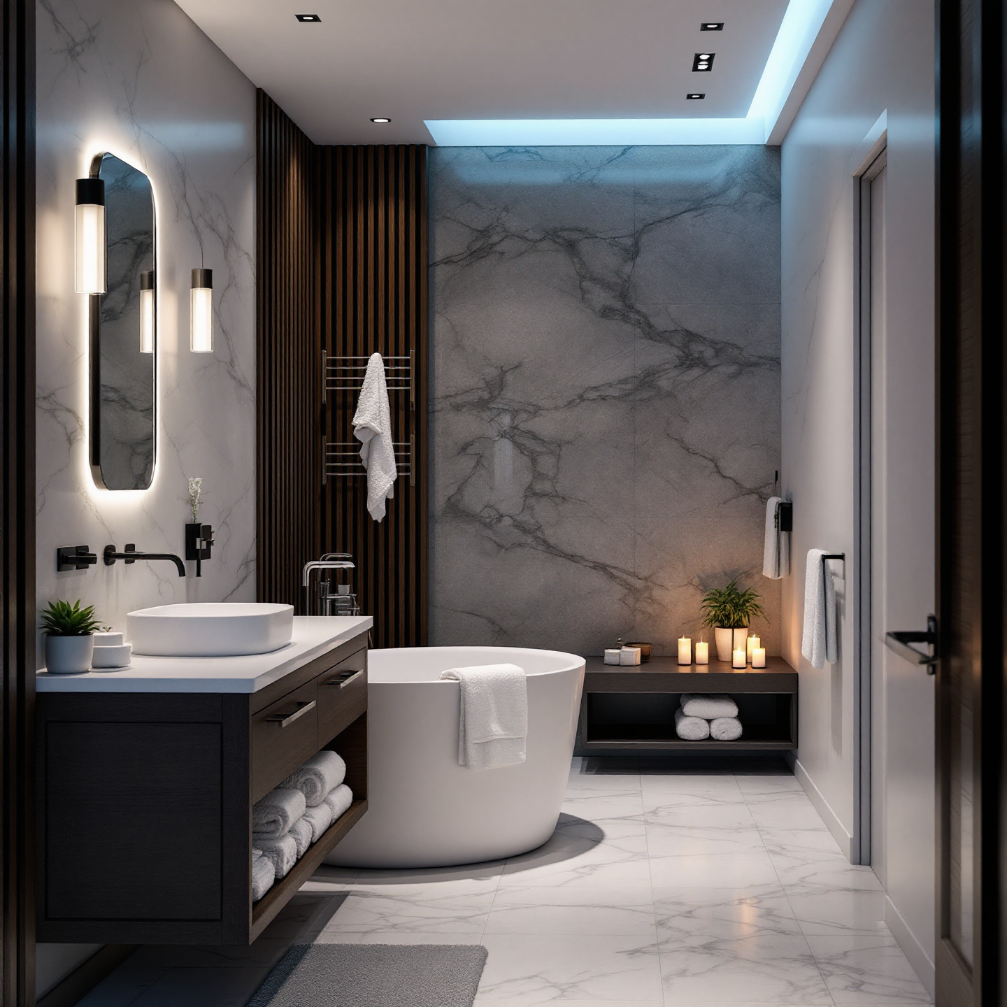 Modern bathroom with marble walls, wooden accents, freestanding tub, vanity, and ambient lighting.