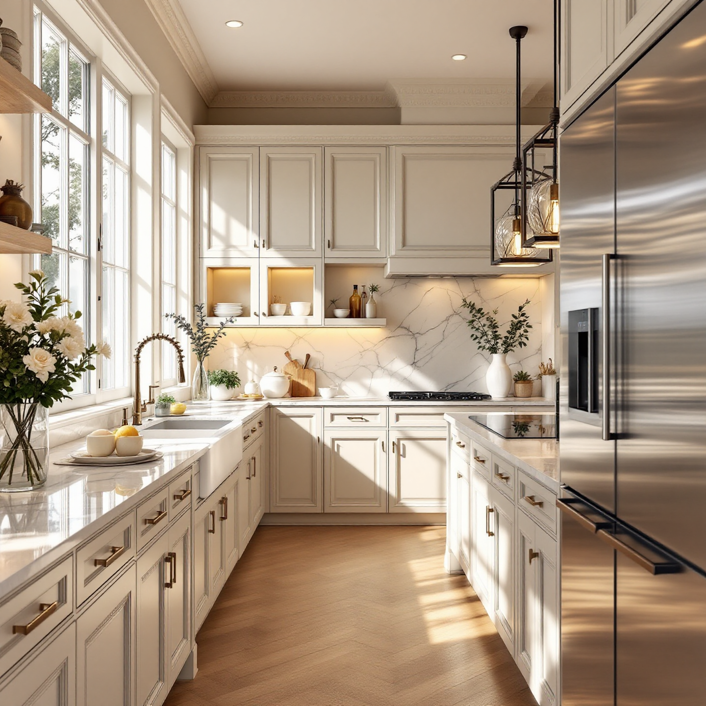 Elegant white kitchen with marble countertops, stainless steel appliances, and large windows.