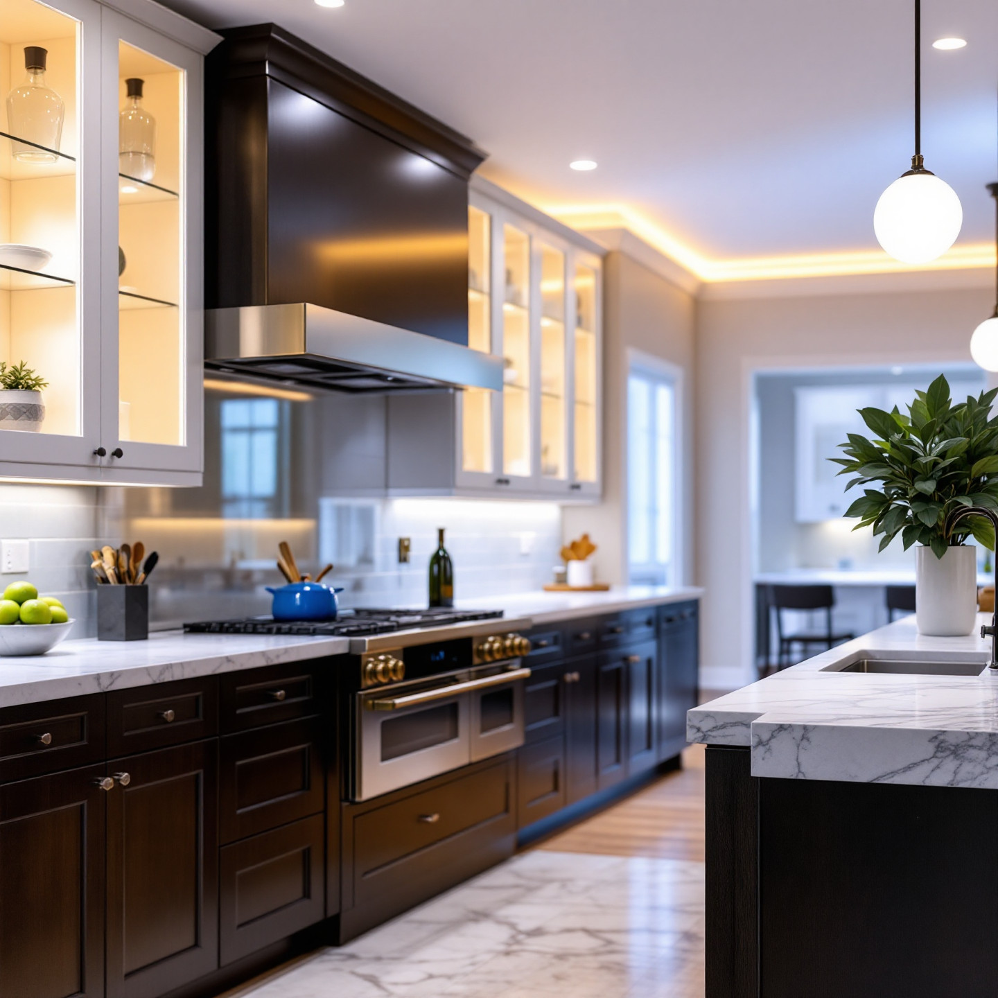 Modern kitchen with dark wood cabinets, marble countertops, stainless steel appliances, and glass-door display cabinets.