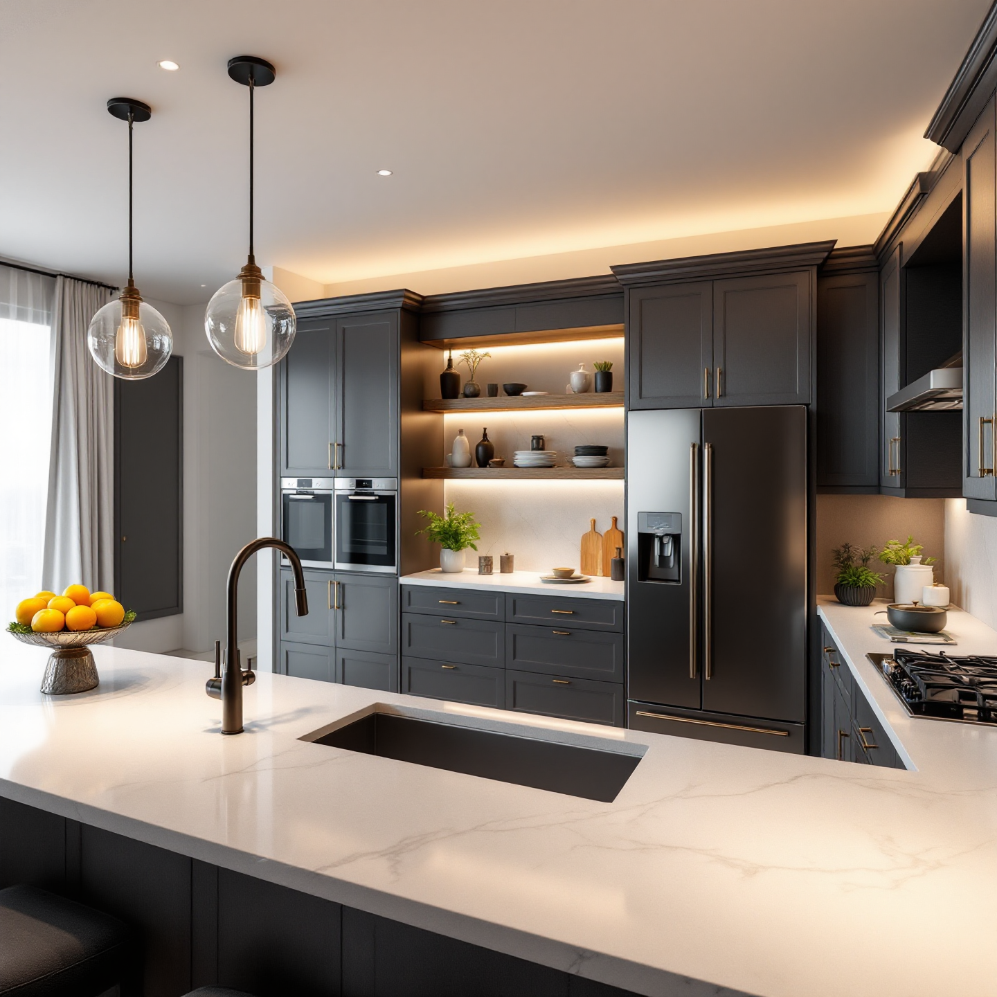 Modern kitchen with dark gray cabinets, white countertop, and pendant lights.