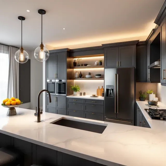 Modern bathroom with white marble walls and black marble vanity.