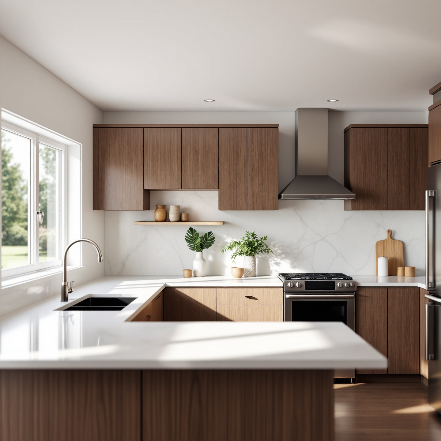 Modern kitchen with wooden cabinets, white countertops, and stainless steel appliances.