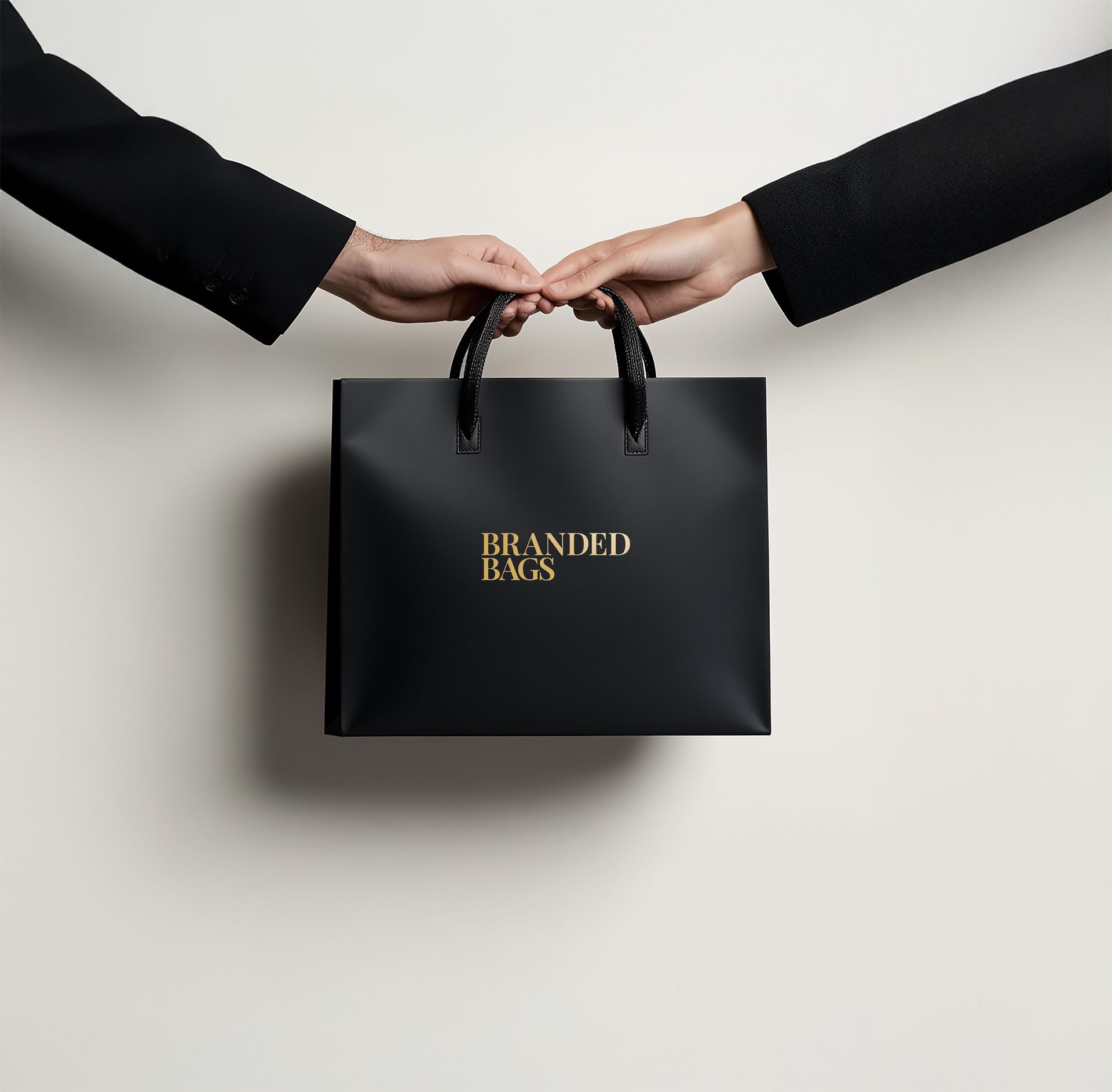 Two hands holding a black bag that says branded bags