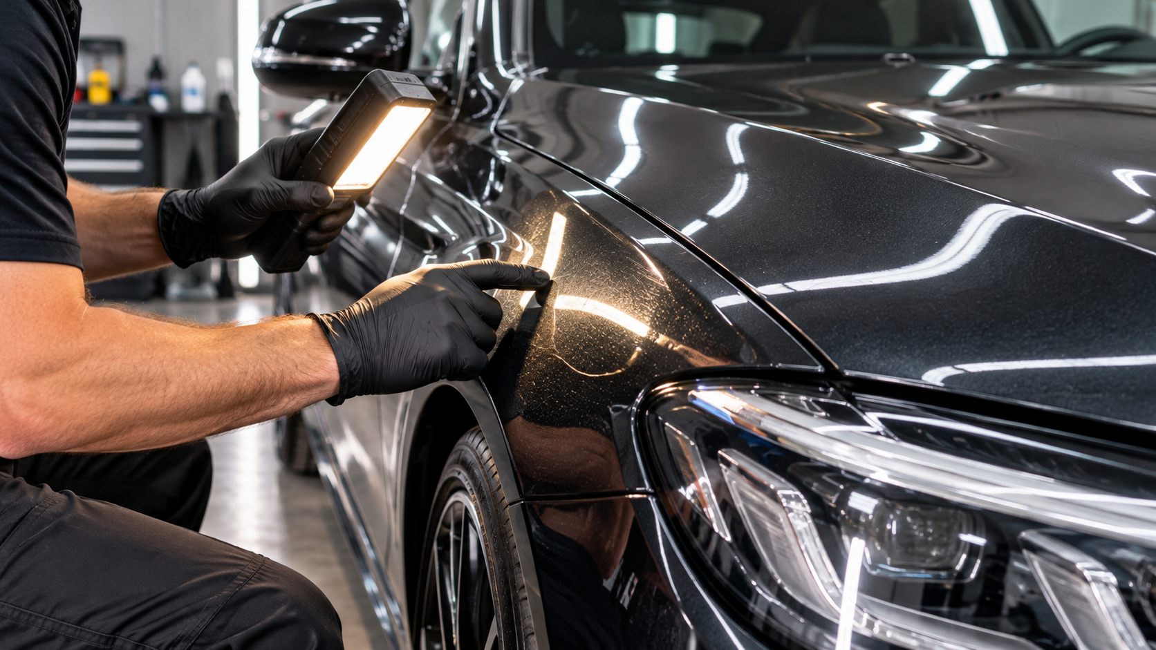 Person polishing a silver car headlight with a blue microfiber cloth and spray bottle