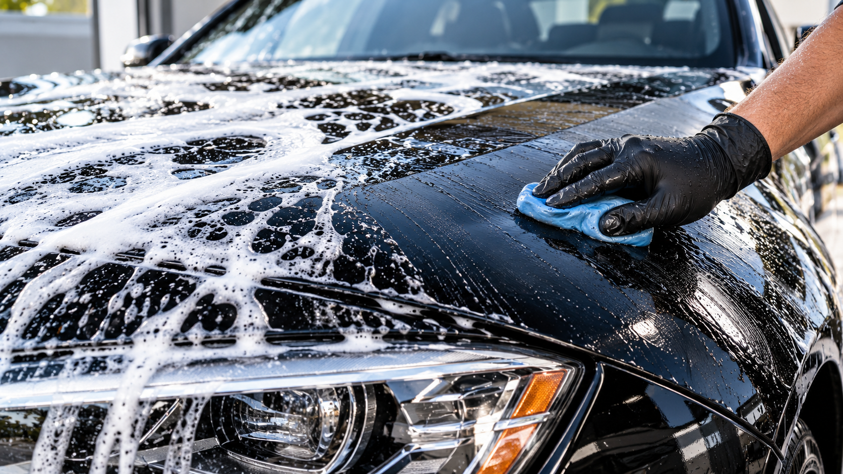 Person polishing a silver car headlight with a blue microfiber cloth and spray bottle