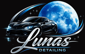 Lunas Detailing logo with a black sports car and blue moon on a dark background
