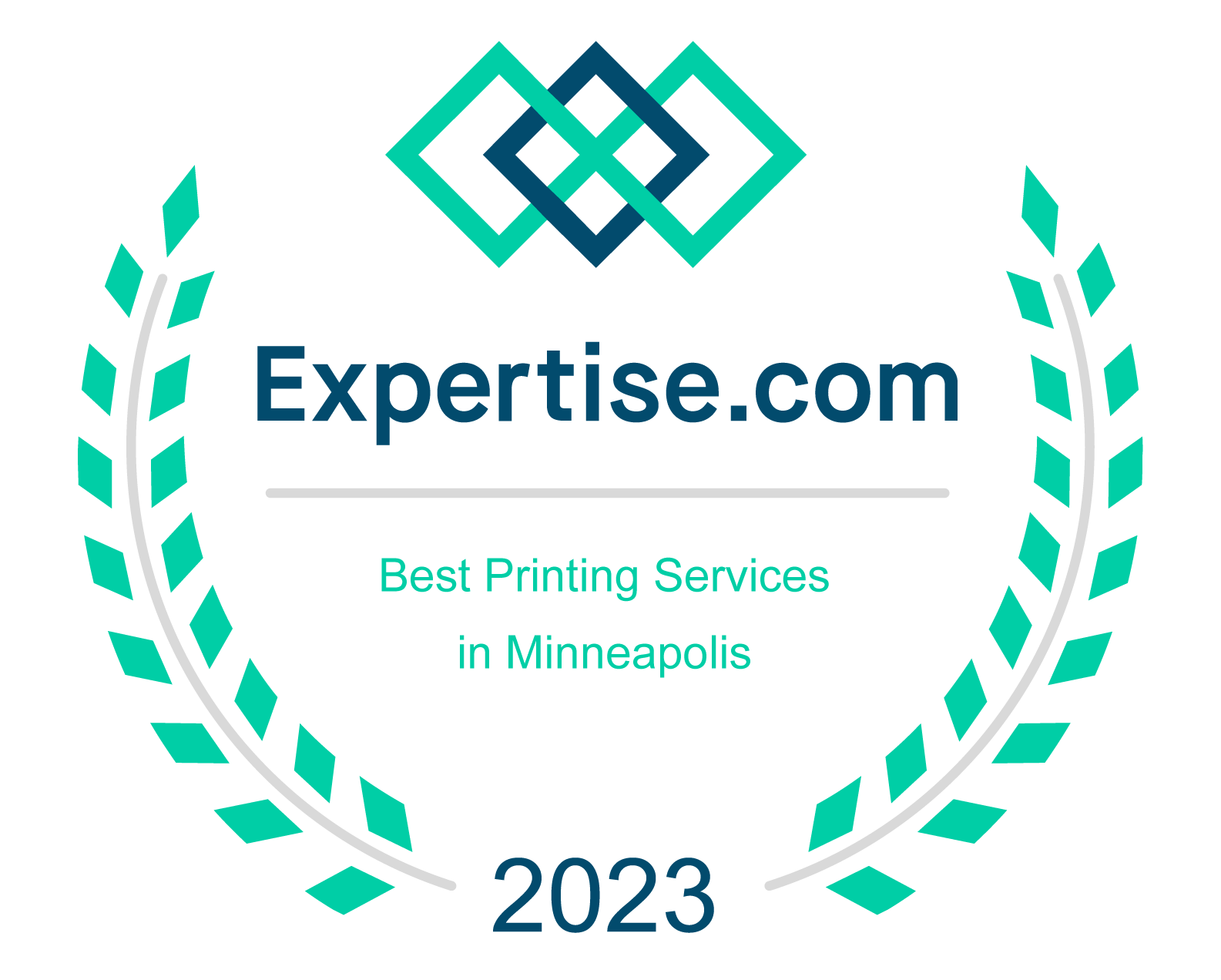 Expertise.com award badge for Best Printing Services in Minneapolis, 2023, with teal laurel wreath