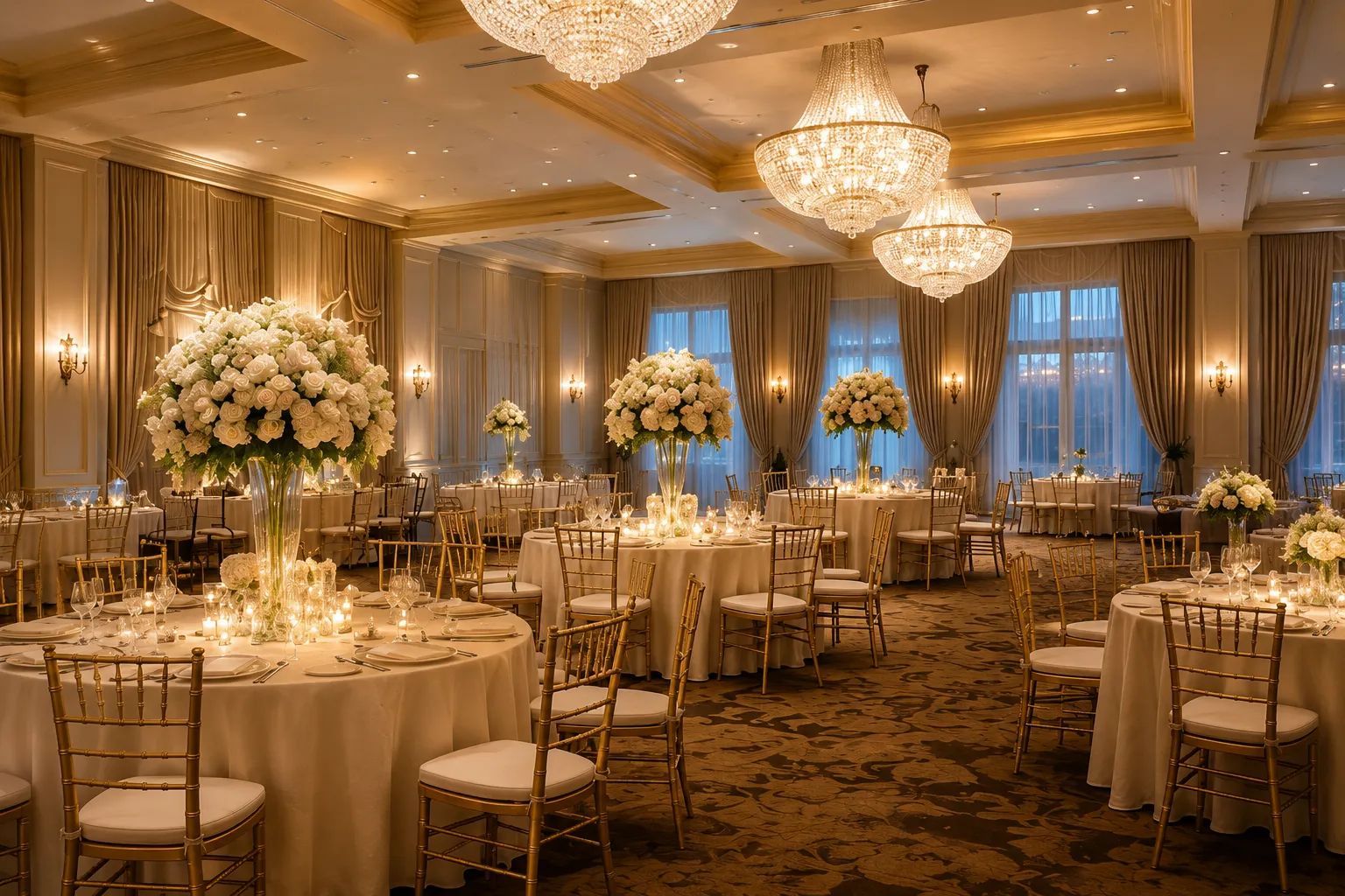 Elegant ballroom with round tables, chandeliers, and tall floral centerpieces set for a formal event