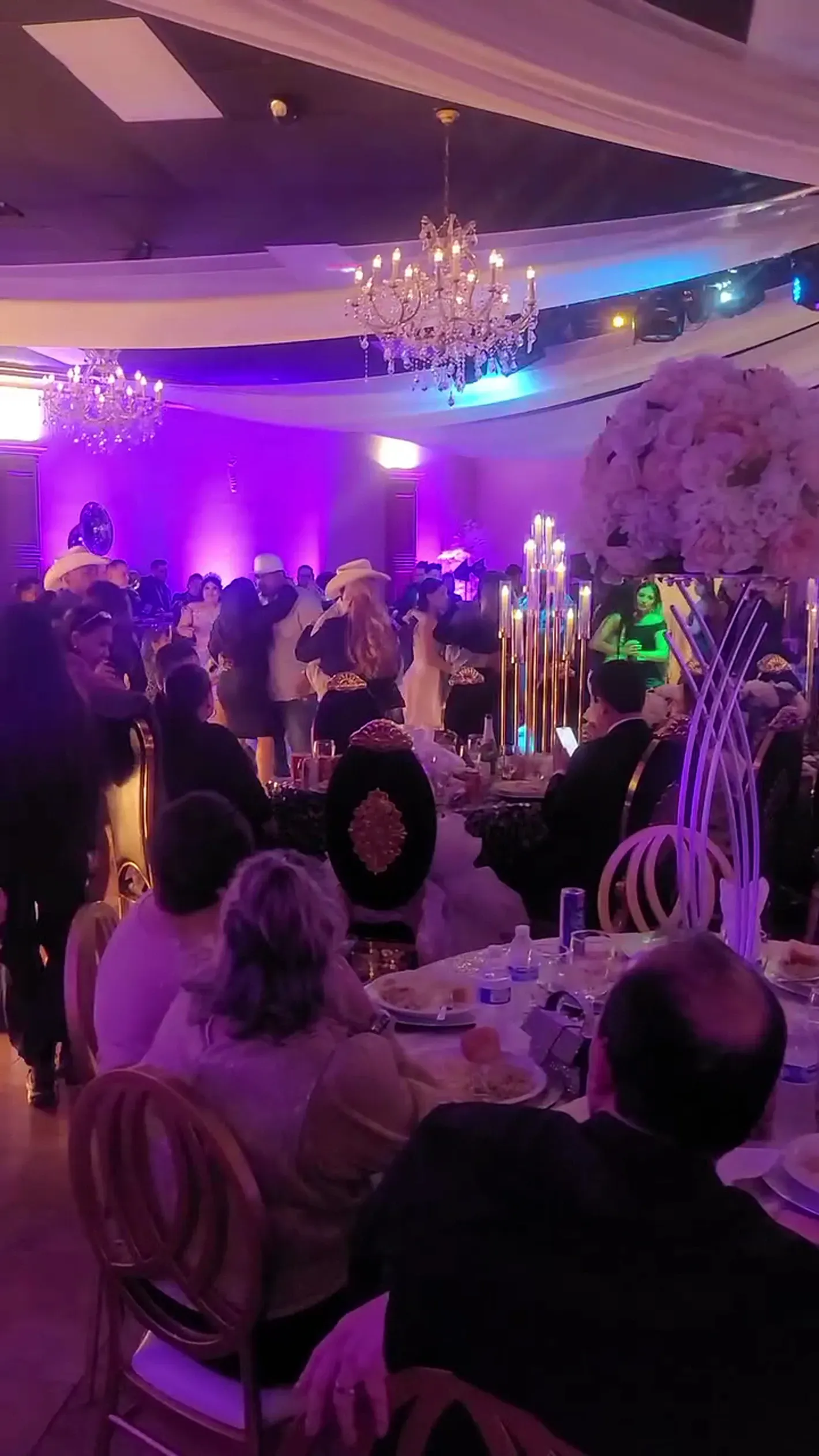 Elegant banquet hall with guests seated at tables under purple lighting and chandeliers.