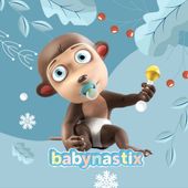 Cartoon baby monkey with pacifier and rattle on a blue background, the text