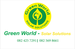 Logo for Green World Solar Solutions. Yellow circle with green text and globe graphic, followed by contact details.