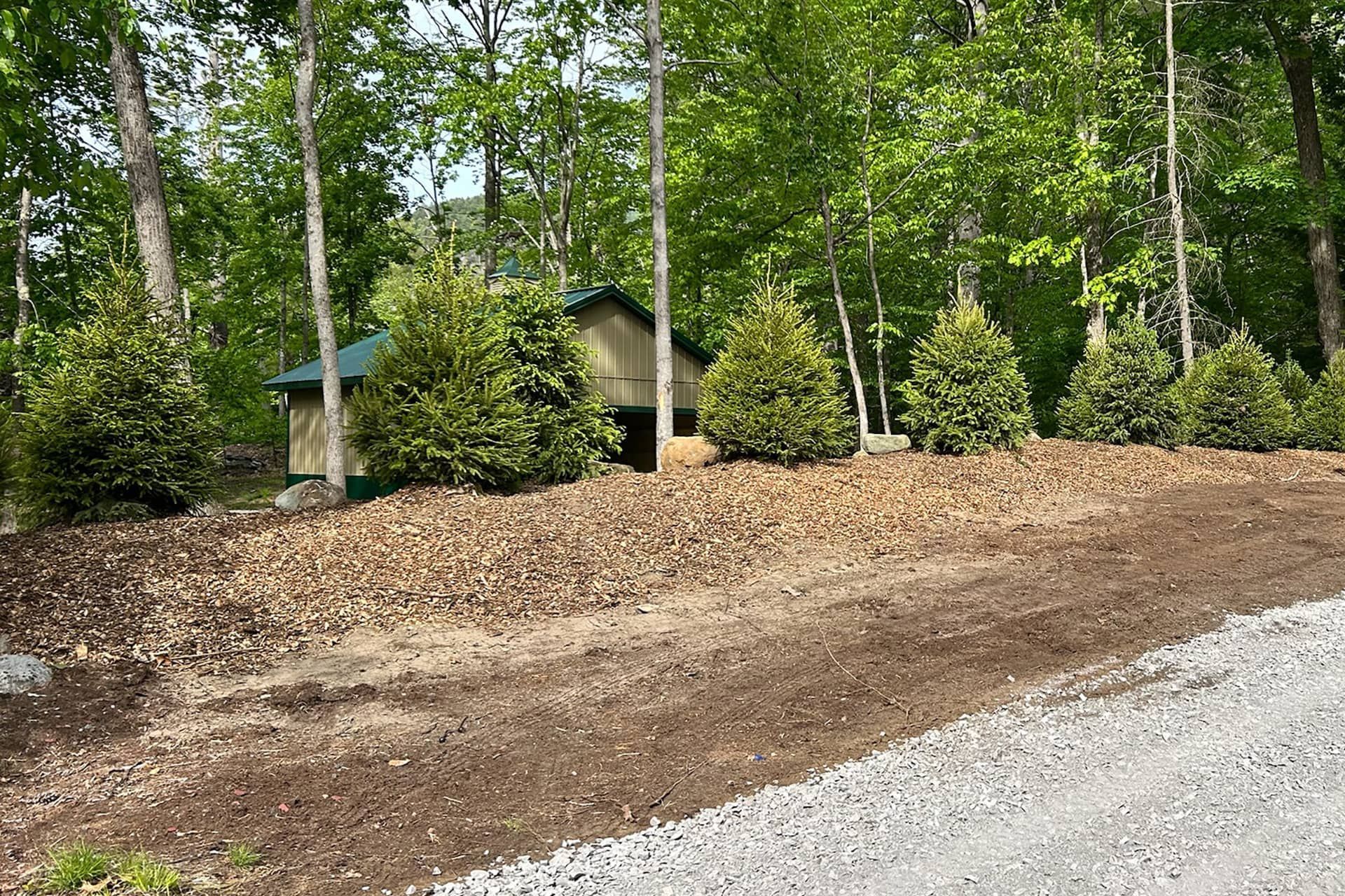Wooded roadside with mulch-covered slope and small utility structures near a gravel lane