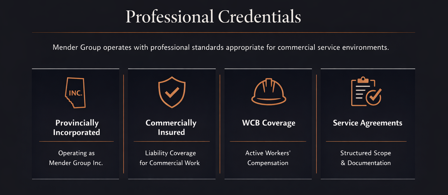 Professional credentials for Mender Group: provincially incorporated, commercially insured, WCB coverage, and service agreements.