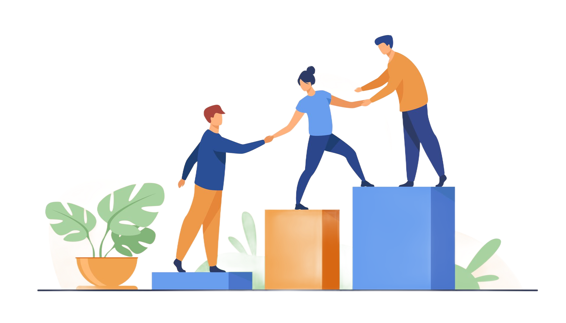 Three people help each other climb colored blocks beside a potted plant.