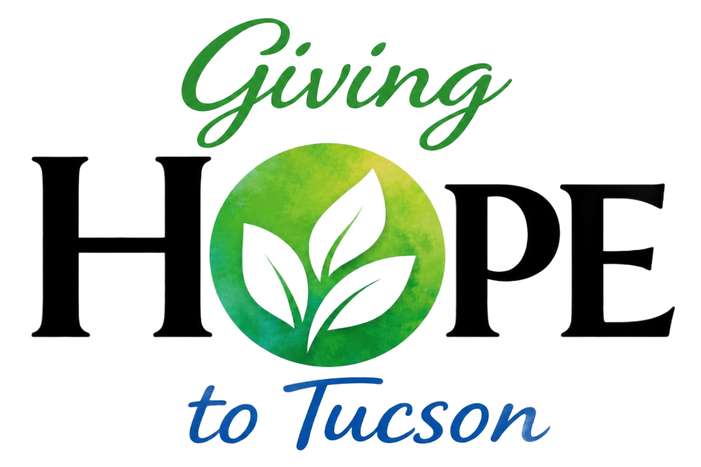 Giving Hope to Tucson logo with green leaf in the letter O and blue-green text